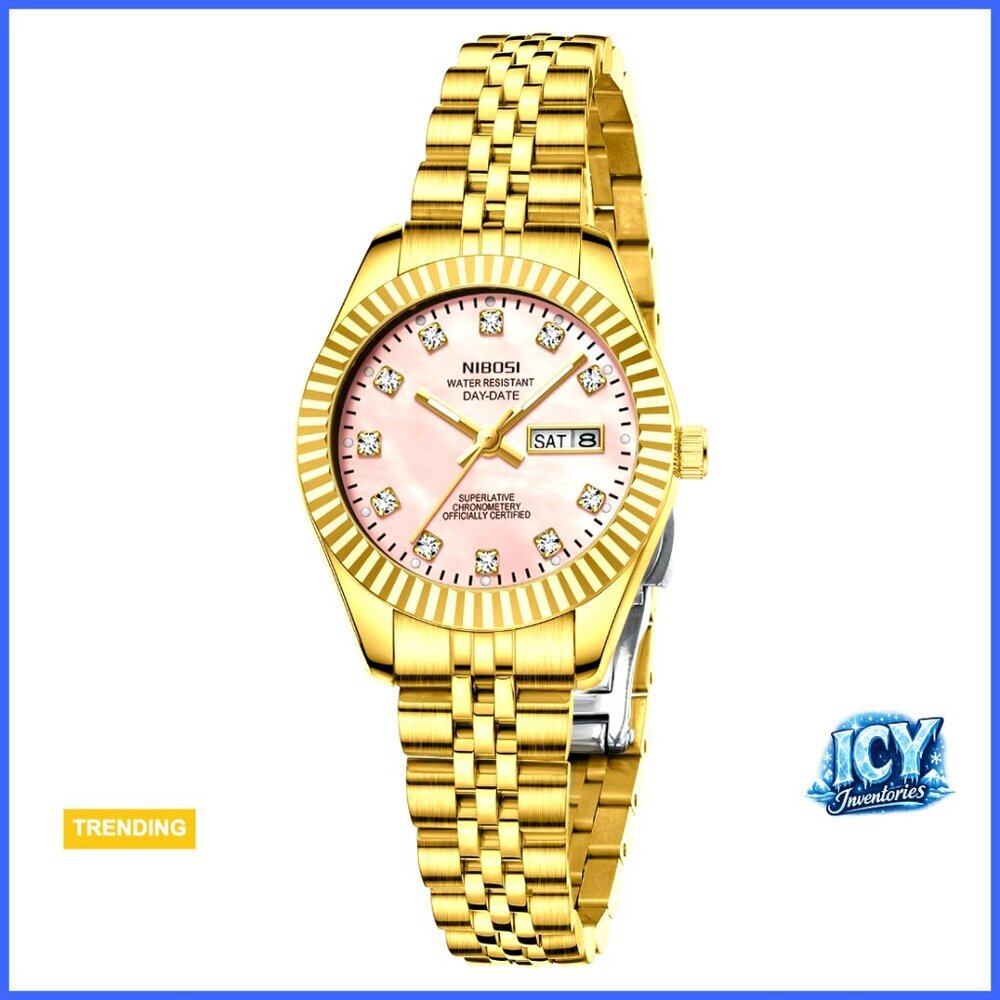 Stainless Steel Analog Quartz Dress Watch with Diamond Luminous Waterproof